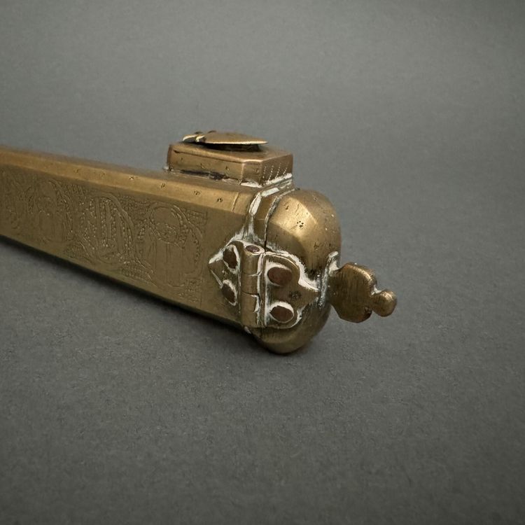 Late 19th century Persian portable inkwell and writing set, richly engraved
