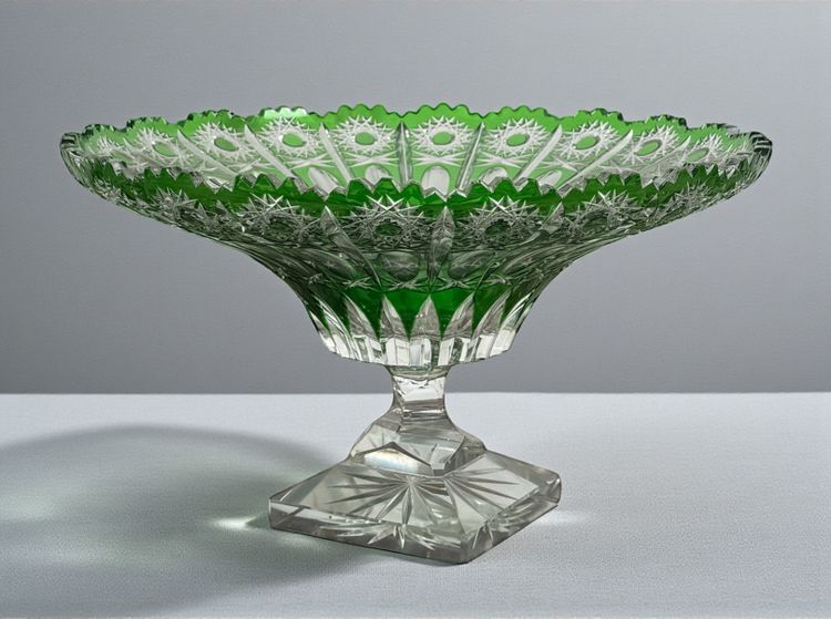 ROUND CUP ON GREEN PEDESTAL IN HAND-HEWN BOHEMIAN CRYSTAL