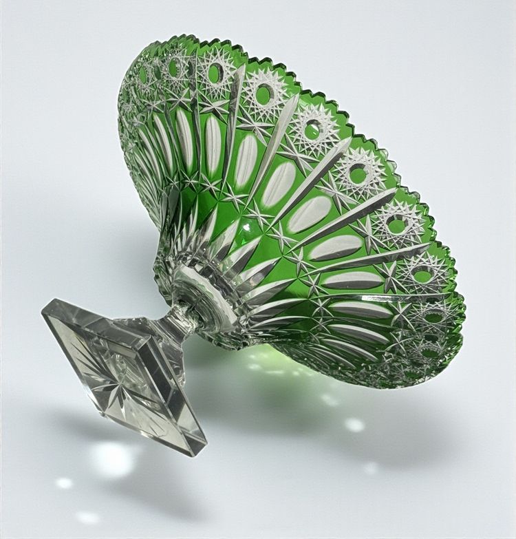 ROUND CUP ON GREEN PEDESTAL IN HAND-HEWN BOHEMIAN CRYSTAL