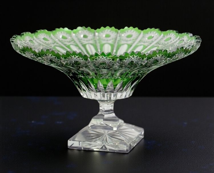 ROUND CUP ON GREEN PEDESTAL IN HAND-HEWN BOHEMIAN CRYSTAL