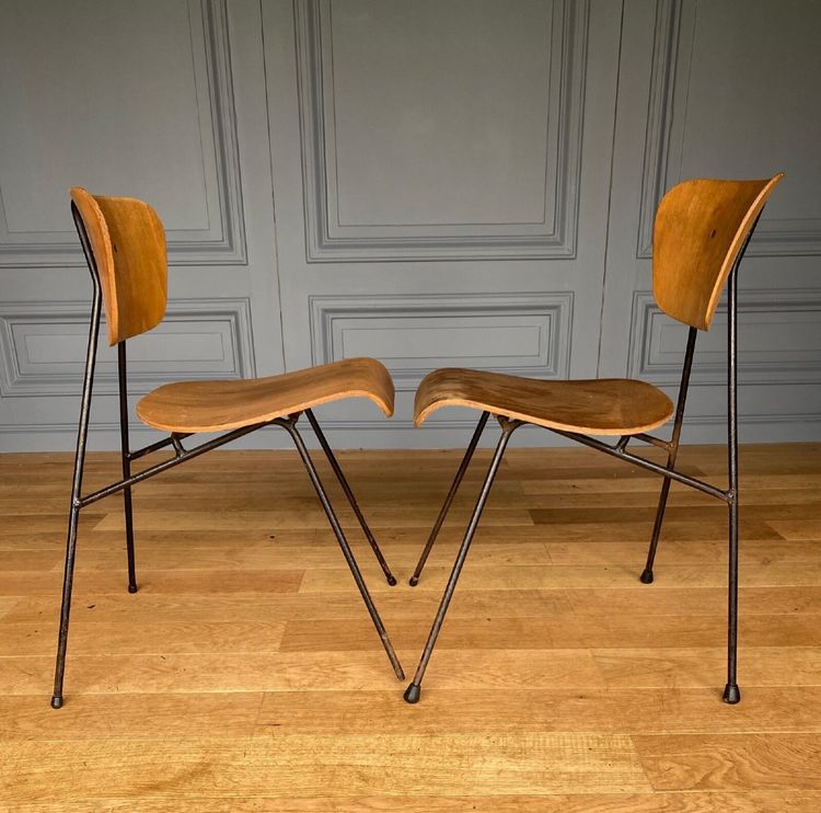 Paire de chaises courbes 1960 métal tubulaire Robert Mathieu