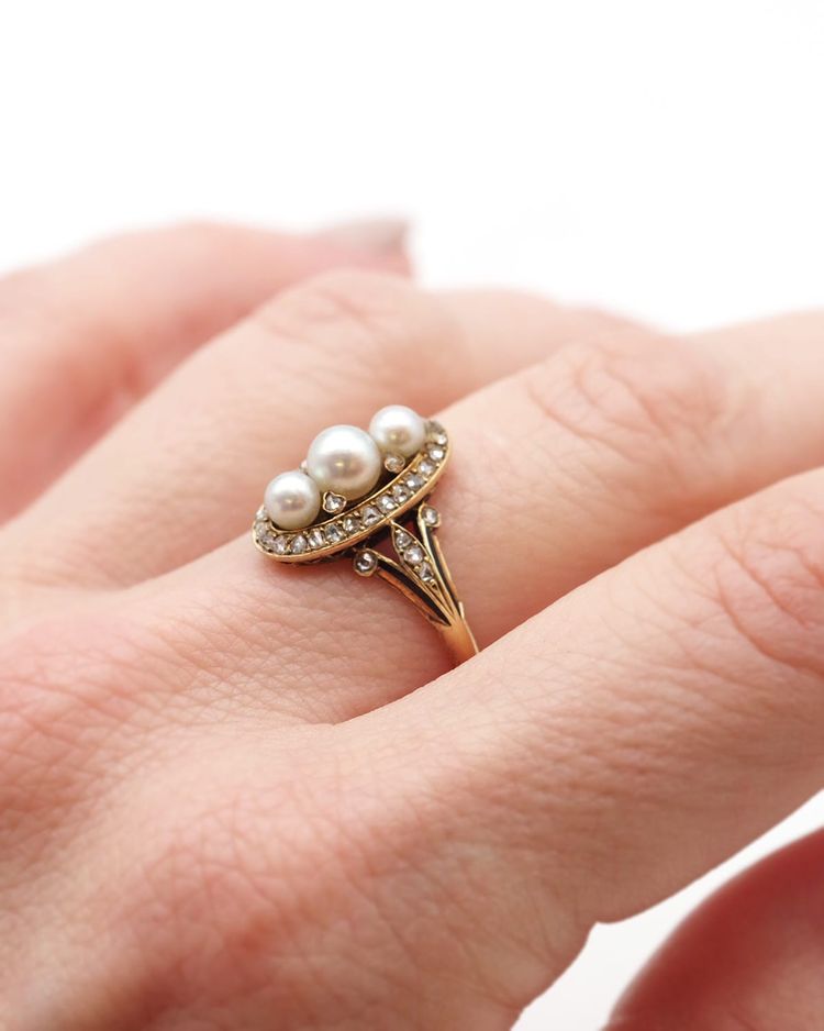 Bague navette perles diamants en or 18k, bague de fiançailles, mariage, diamants taille rose