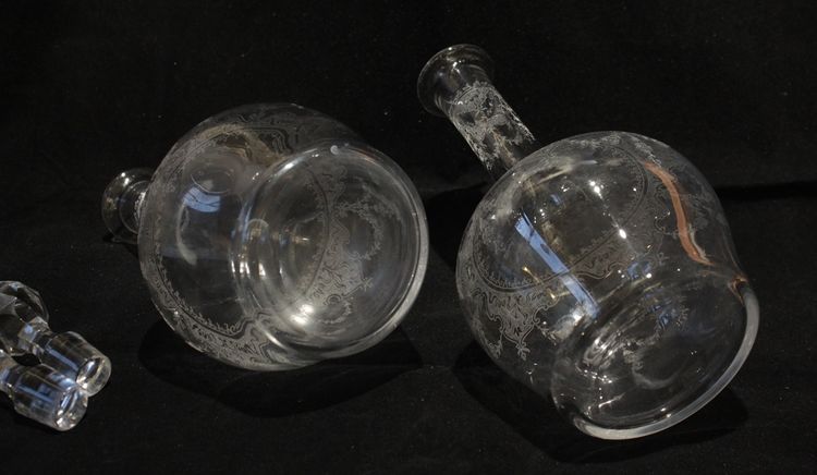 Pair of large engraved crystal decanters, early 20th century