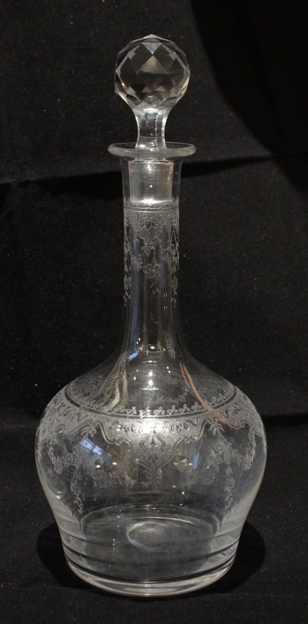 Pair of large engraved crystal decanters, early 20th century