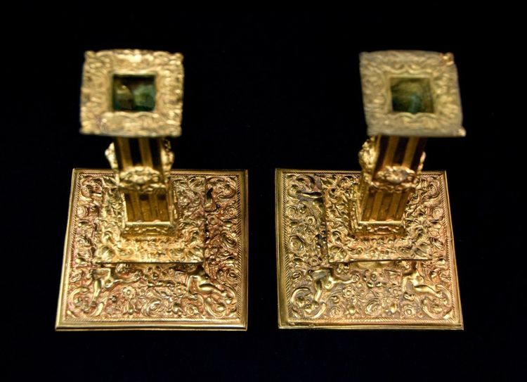 England - Pair of gilt bronze financier-style candlesticks