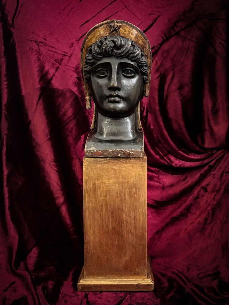 Rare and huge painted and gilded carved wooden head from the Empire period