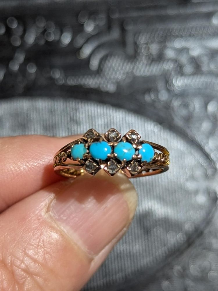 Antique bague en or 18k avec diamants et cabochons de turquoise 2.30 g CIRCA 1880