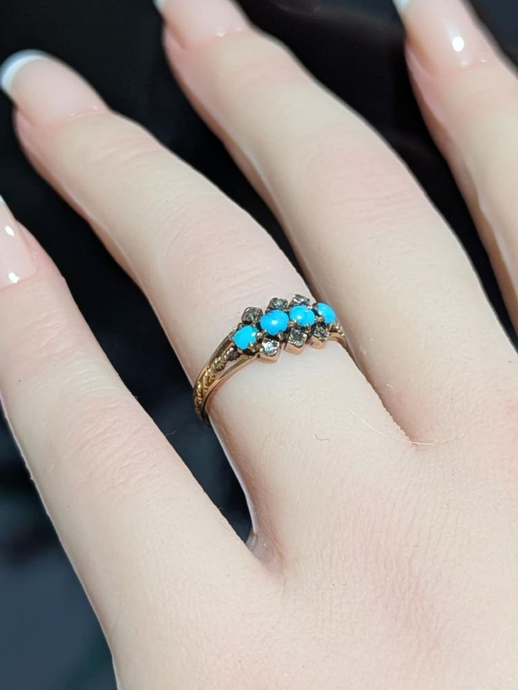 Antique bague en or 18k avec diamants et cabochons de turquoise 2.30 g CIRCA 1880