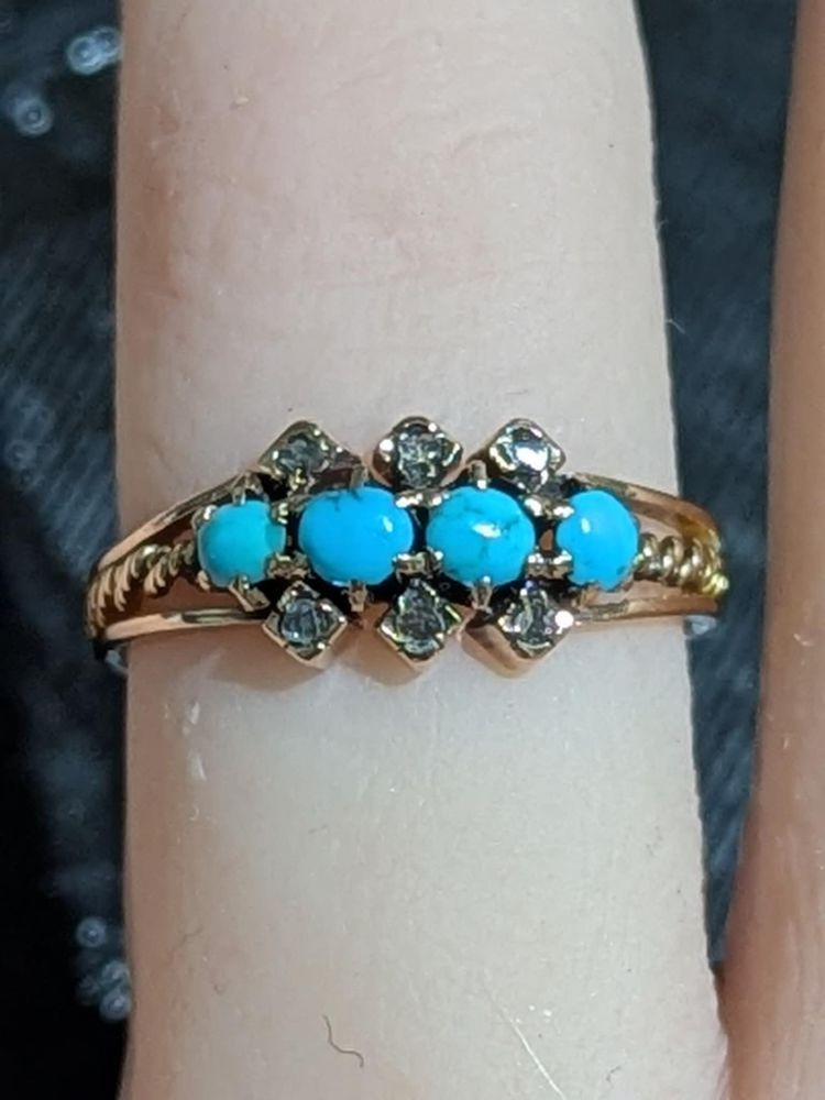 Antique bague en or 18k avec diamants et cabochons de turquoise 2.30 g CIRCA 1880