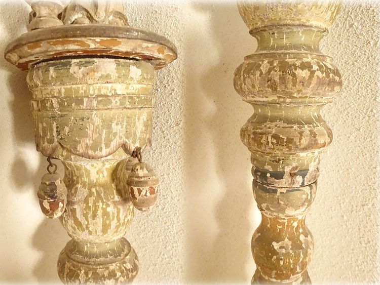 2 processional staffs, confraternity, painted, carved, twisted wood, depicting the Virgin Mary, 17th century