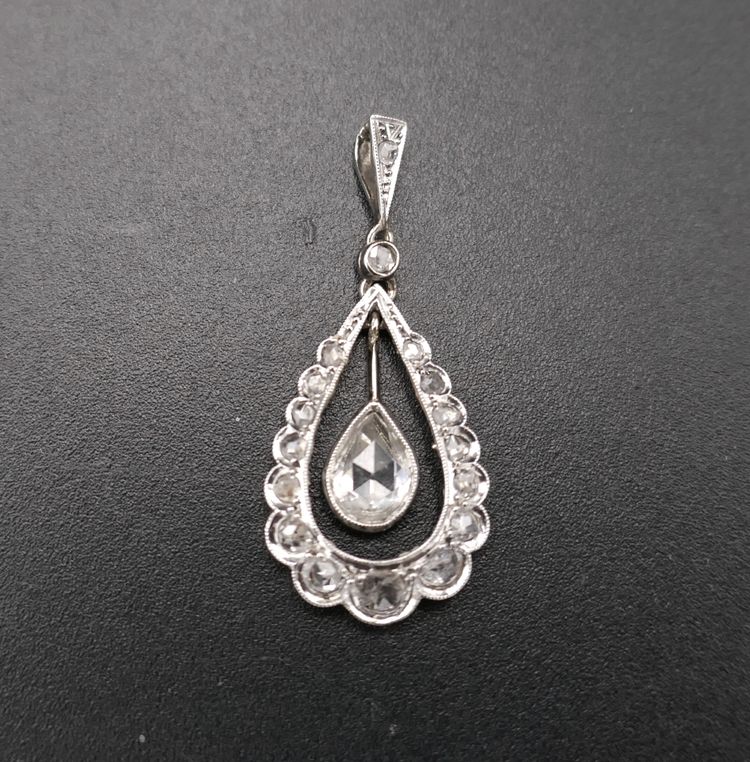 Antique rose-cut diamond teardrop pendant necklace, 18-carat gold.