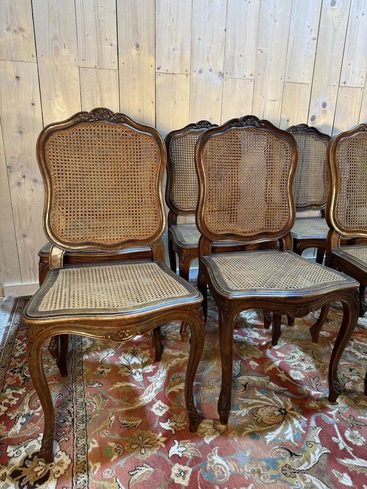 Suite of 10 Louis XV style chairs in walnut and canework
