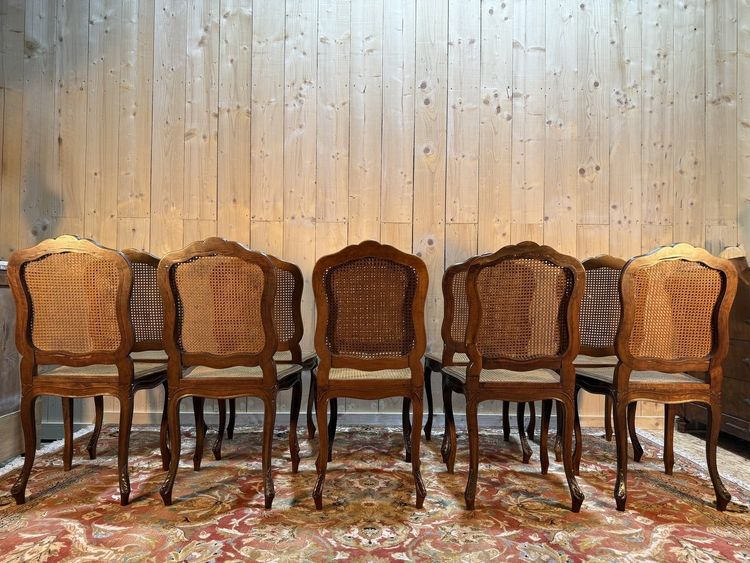 Suite of 10 Louis XV style chairs in walnut and canework