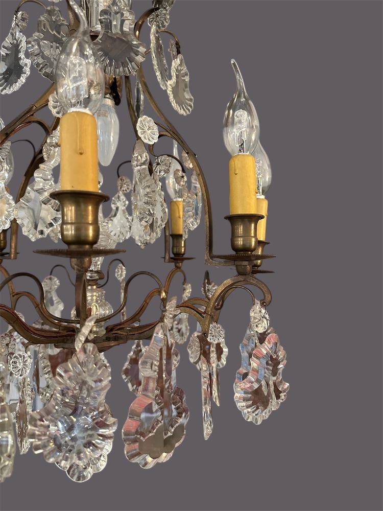 Lustre cage en bronze et plaquettes cristal