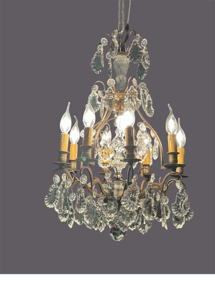 Lustre cage en bronze et plaquettes cristal