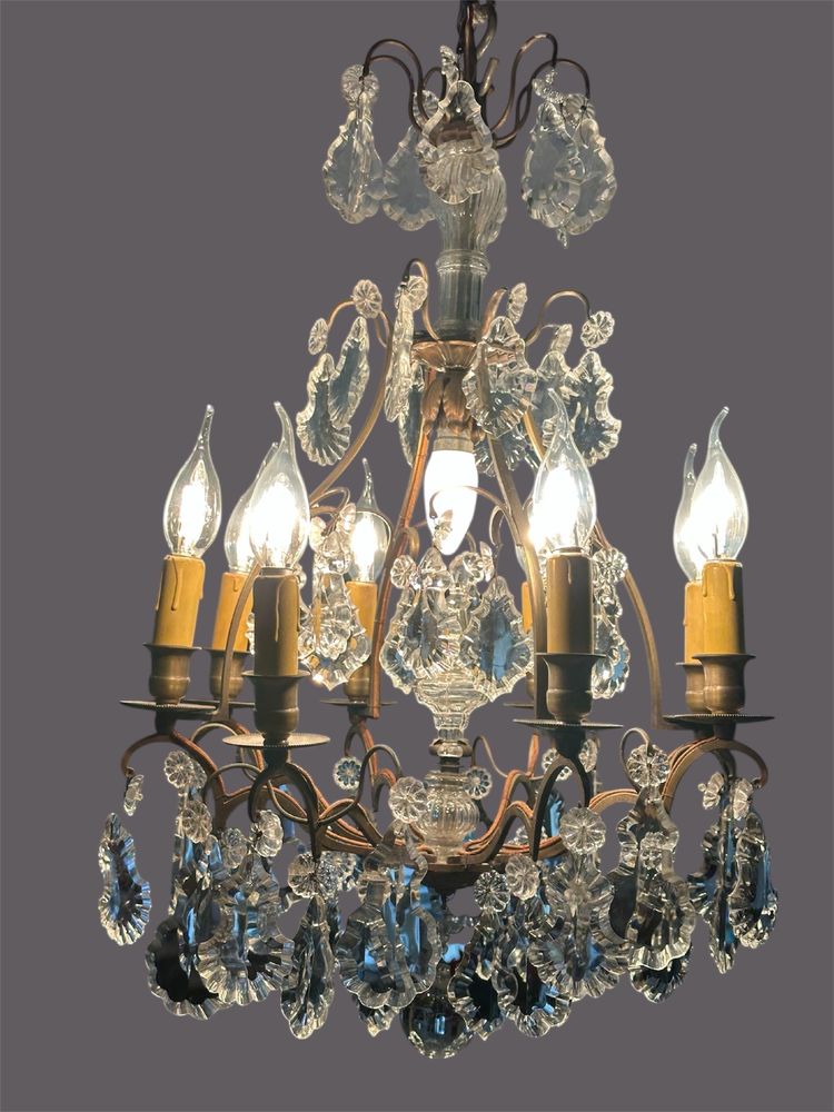 Lustre cage en bronze et plaquettes cristal