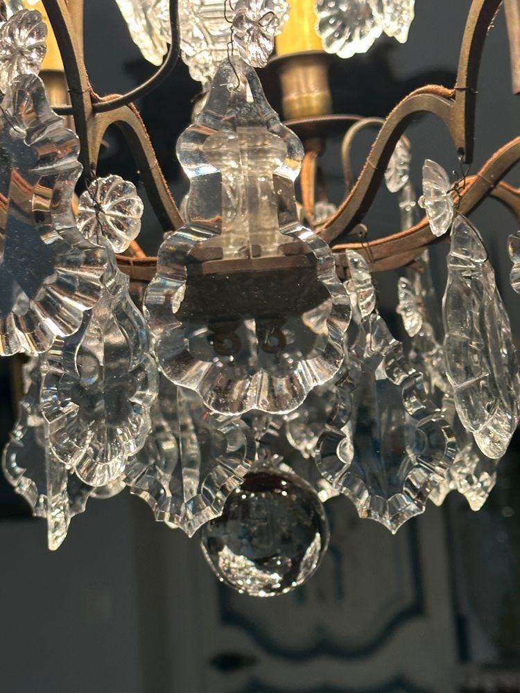 Lustre cage en bronze et plaquettes cristal
