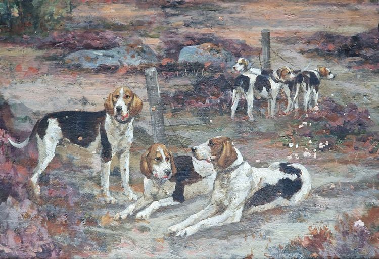 Painting of a hunting scene by Tristan Lacroix, dogs resting at the edge of the forest, hunting
