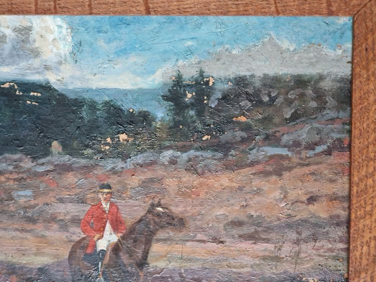 Painting of a hunting scene by Tristan Lacroix, dogs resting at the edge of the forest, hunting