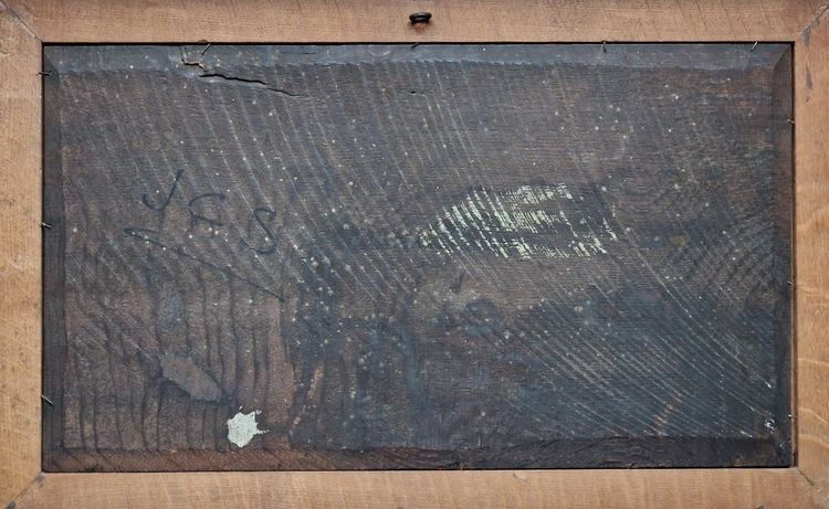 Painting of a hunting scene by Tristan Lacroix, dogs resting at the edge of the forest, hunting