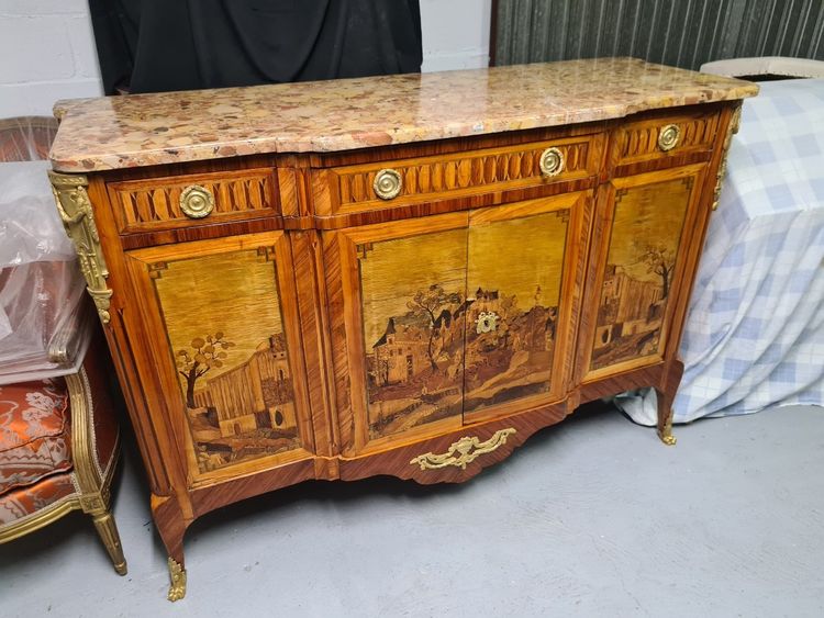 Credenza o enfilade in intarsio di rovine e paesaggi - timbro LEMASLE - epoca Luigi XVI