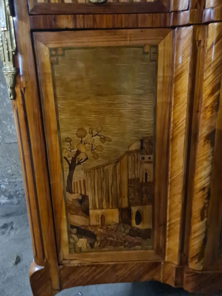 Credenza o enfilade in intarsio di rovine e paesaggi - timbro LEMASLE - epoca Luigi XVI