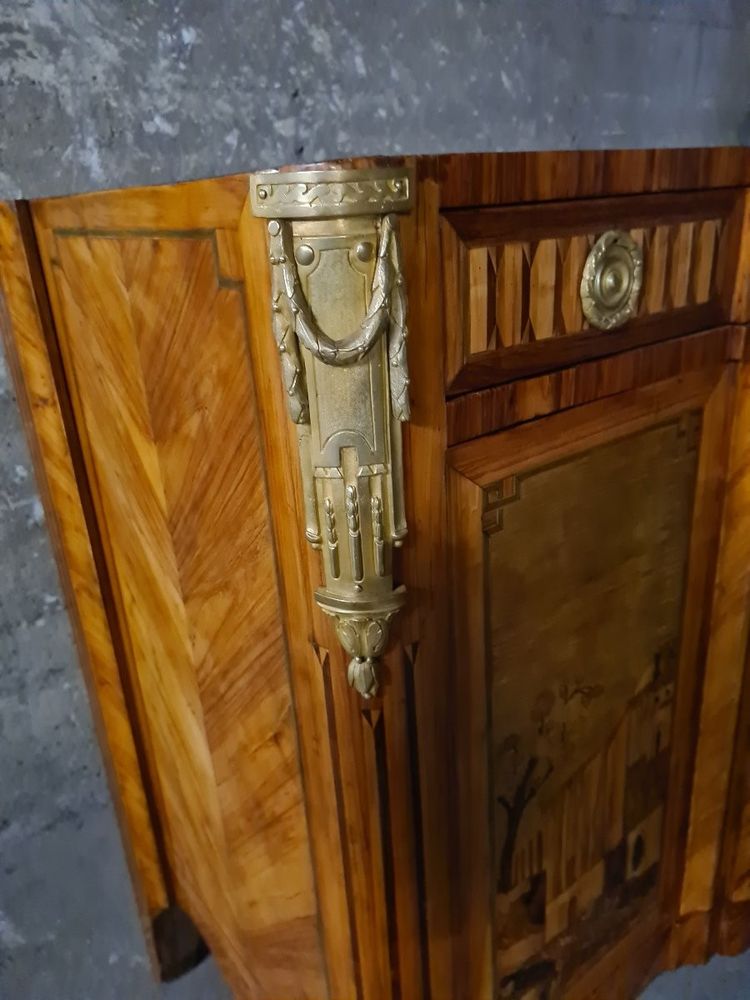 Credenza o enfilade in intarsio di rovine e paesaggi - timbro LEMASLE - epoca Luigi XVI