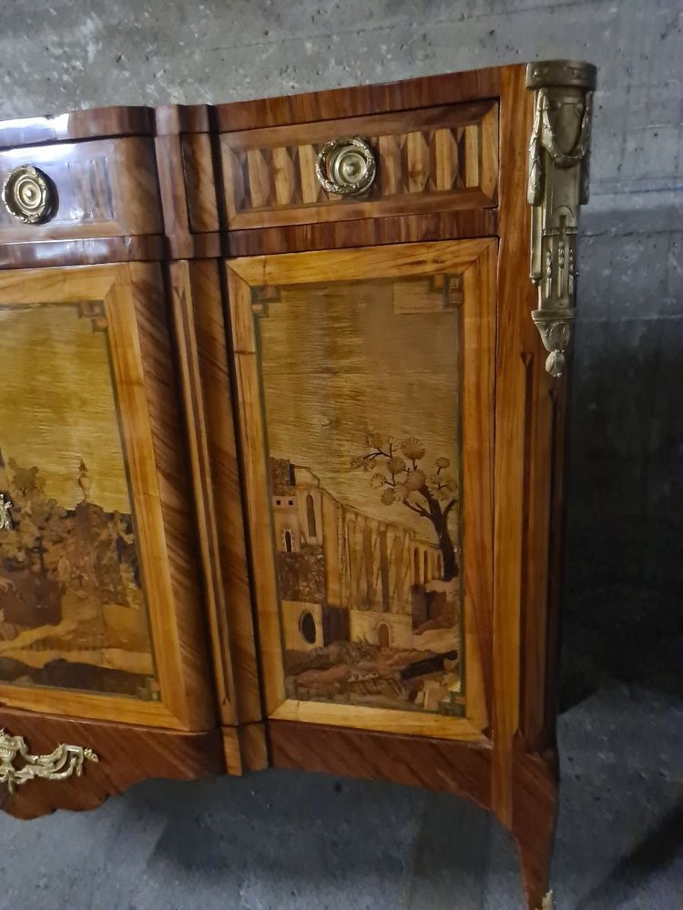 Credenza o enfilade in intarsio di rovine e paesaggi - timbro LEMASLE - epoca Luigi XVI
