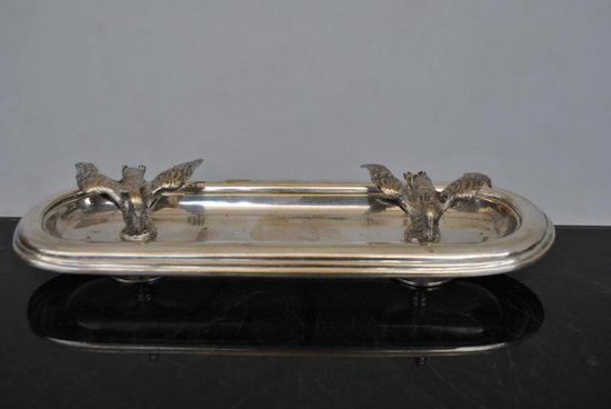 Schreibtischset Kerzenhalter Federhalter Silbermetall mit Reihern Ende des 19. Jahrhunderts