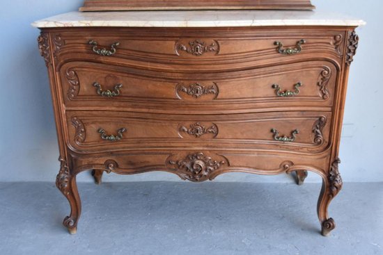             Commode Coiffeuse En Noyer De Style Louis XV Dessus Marbre Brèche Fin XIXème            