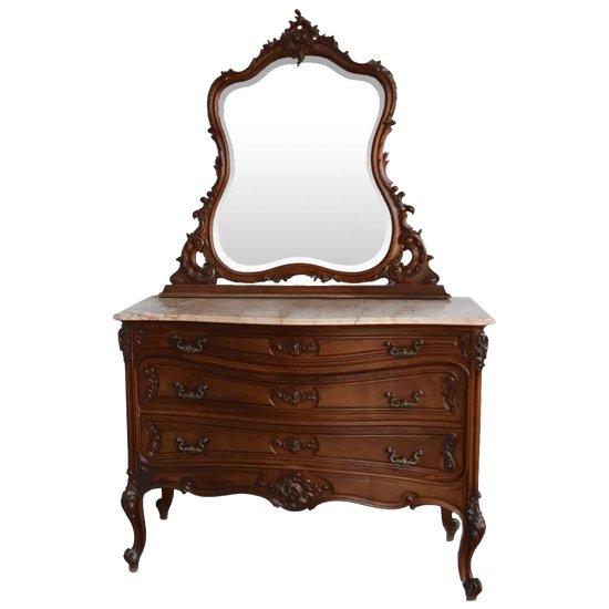             Commode Coiffeuse En Noyer De Style Louis XV Dessus Marbre Brèche Fin XIXème            