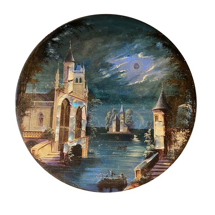 Tavolo a dondolo di Napoleone III decorato con un paesaggio dipinto e intarsiato in madreperla