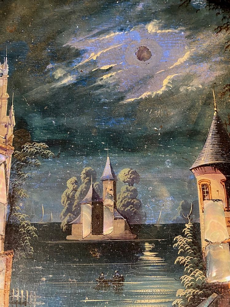 Tavolo a dondolo di Napoleone III decorato con un paesaggio dipinto e intarsiato in madreperla