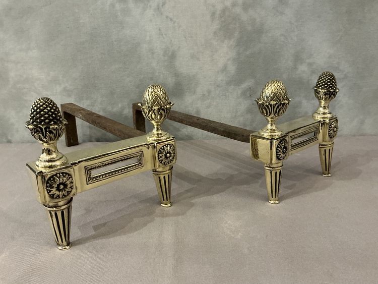 Paire de chenets anciens en bronze polis d'époque 18 ème 