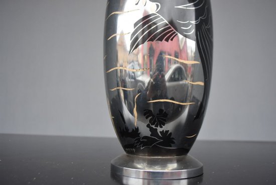            Lampada Dinanderie Art Déco con pesci 1930 Lucien Gerfaux