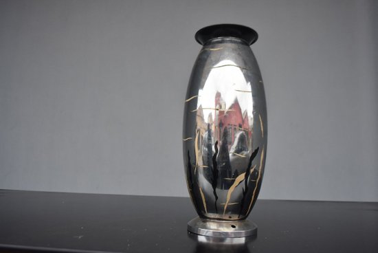             Lampada Dinanderie Art Déco con pesci 1930 Lucien Gerfaux