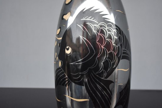             Lampada Dinanderie Art Déco con pesci 1930 Lucien Gerfaux
