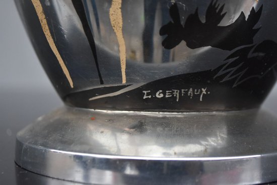             Lampada Dinanderie Art Déco con pesci 1930 Lucien Gerfaux