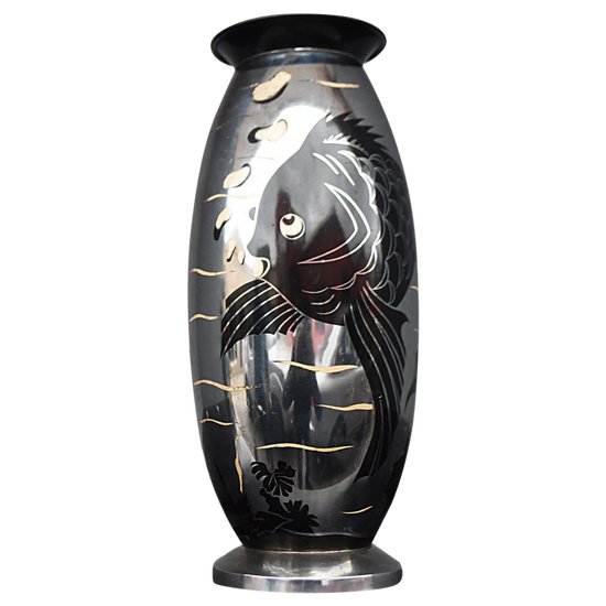             Lampada Dinanderie Art Déco con pesci 1930 Lucien Gerfaux