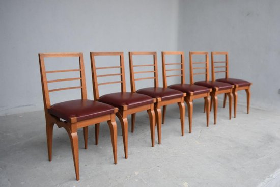             Series Of 6 Oak Chairs With Leather Tops 1930's By Auguste Vallin
