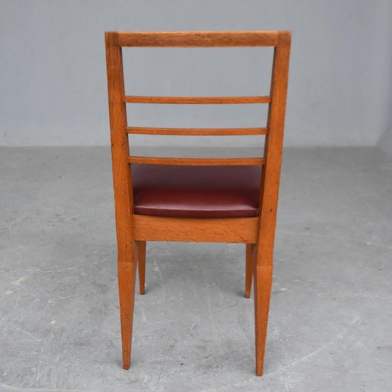             Series Of 6 Oak Chairs With Leather Tops 1930's By Auguste Vallin