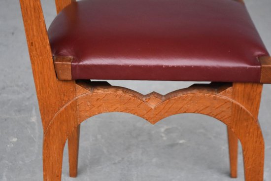             Series Of 6 Oak Chairs With Leather Tops 1930's By Auguste Vallin