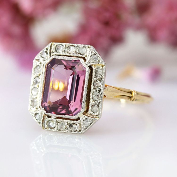 Bague spinelle rose diamants art déco