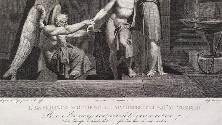 Antica incisione allegorica neoclassica della Speranza, XIX secolo, periodo Impero