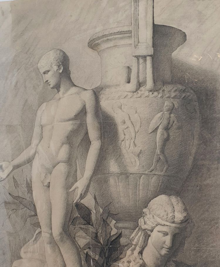 Large Academic Drawing in the Antique Style 62 x 47 cm - MAN - BUST - VASE J. CARRÈRE 1892