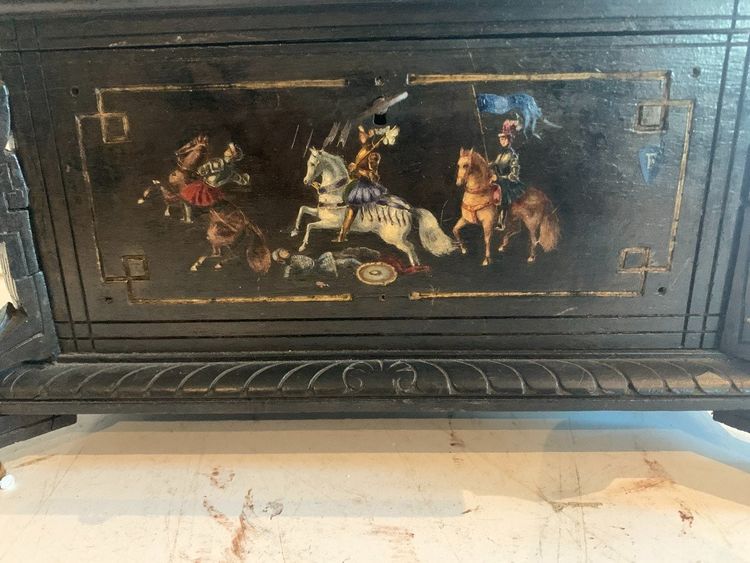 Carved Black Wood Jewelry Box with Polychrome Decoration, 19th Century