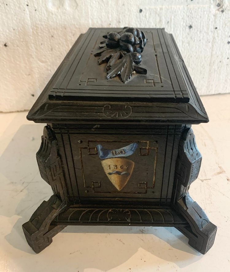 Carved Black Wood Jewelry Box with Polychrome Decoration, 19th Century