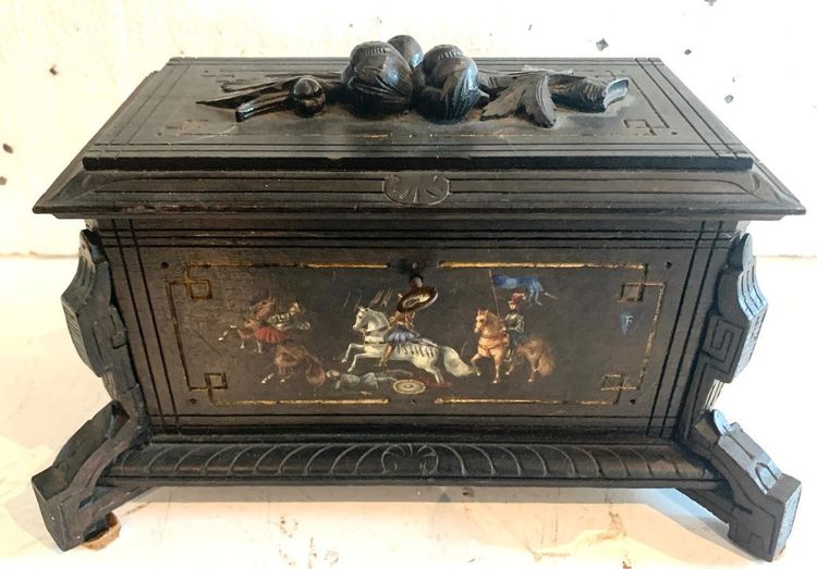 Carved Black Wood Jewelry Box with Polychrome Decoration, 19th Century