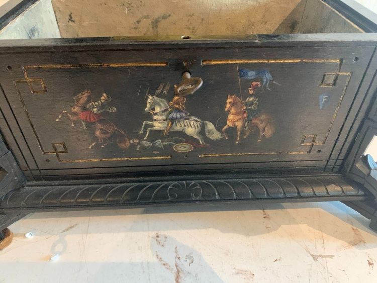 Carved Black Wood Jewelry Box with Polychrome Decoration, 19th Century