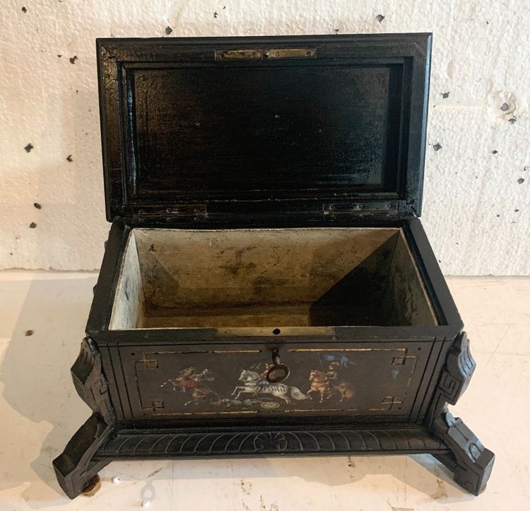 Carved Black Wood Jewelry Box with Polychrome Decoration, 19th Century